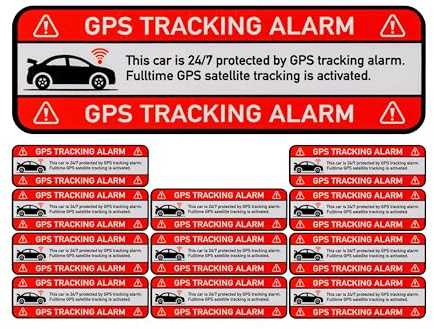 Set d'autocollants CAR GPS TRACKING ALARM !, 12 pcs, 67 x 21 mm, film autocollant, autocollant extérieur, autocollant d'avertissement voiture intérieur et extérieur, protection antivol voiture
