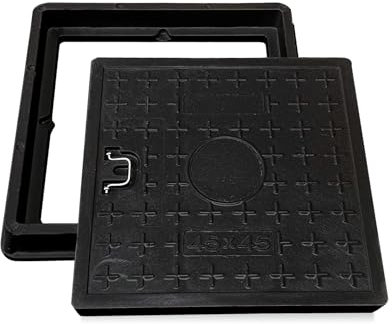 NATOTELA Schachtabdeckung mit Rahmen 450x450 mm GFK A15 Schachtdeckel mit Griff Kanaldeckel Inspektionsschacht Revisionsschacht Entwässerungsschacht Gartenschacht Quadratisch Schwarz