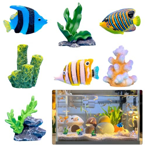 KyeeaDIY 7 Stück Aquarium Dekoration Thematische Ornamente Künstliche Fische Schwimmende Fischtank Dekorationen Harz Wasserpflanzen für Cichlid Goldfisch Aquarium Zubehör (7 Stück)