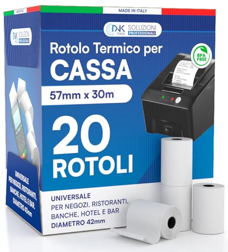 Rotoli Termici per Registratori di Cassa - 20 Rotolini di Carta Termica Omologata 57mm x 30m Universale di Alta Qualità con Diametro 42mm Senza BPA - Compatibili con Nexi Axerve Ingenico