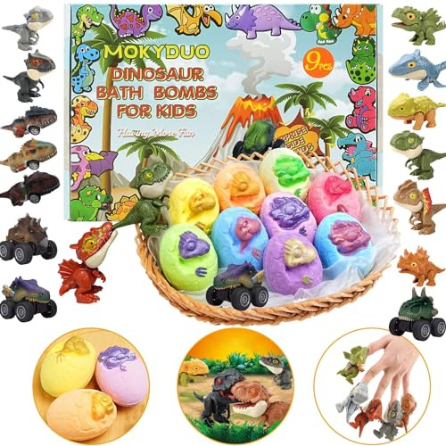 MOKYDUO Bombas de Baño para Niños, Educativas, Regalo, Cumpleaños, Día del Niño, Navidad, Niños, Niñas, Incluye 9 Bombas de Baño y 3 Juguetes de Dinosaurios (Dinosaurios Extintos)