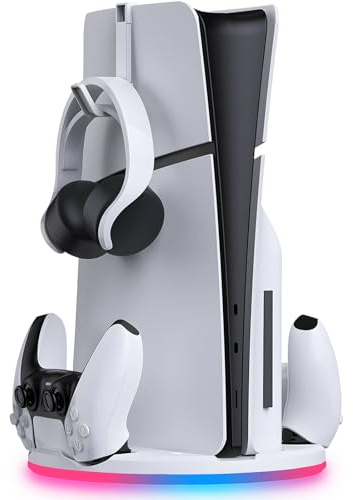 Ständer mit Dual Controller Ladegerät für PS5 Slim – PlayStation 5 Standfuß mit Twin Controller Ladestation und Headset Halterung – RGB Beleuchtung – Schnelladung - Für Dualsense und Dualsense Edge