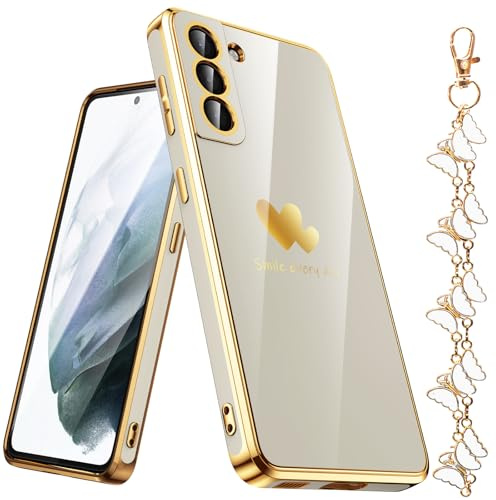 Nonional for Samsung Galaxy S21 5G Case with Phone Lanyard Wrist Strap [Butterfly Shape], Luxury Double Heart Pattern Plating Gold Edge Slim Soft Phone Cover Case for Galaxy S21 - White