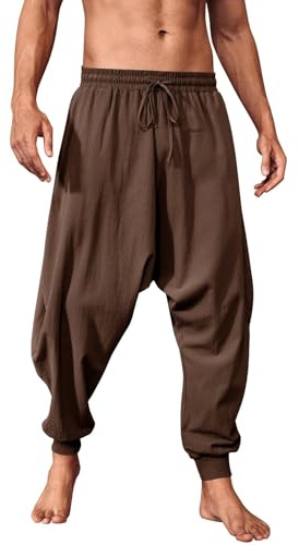Runcati Pantaloni estivi da uomo a tinta unita, larghi, stile vichingo, pirata, medievale, leggeri, vita elastica, baggy, con coulisse e tasche, pantaloni hippie, marrone, L