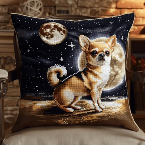 DIY knüpfen set erwachsene Chihuahua Hund Tier knüpfkissen set Fantasy Planet Kissenbezug zum Selbermachen für Anfänger und Erwachsene，Geschenke für Familie，Freunde，Handarbeiten，Bastel 43x43cm