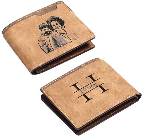 OXYEFEI Portmonee Herren Personalisiert, Geldbeutel mit Gravur Herren,Brieftasche Foto Personalisierte Herre Bifold,Engraved Initial Name Wallets for Men,Vatertagsgeschenk Geldbeutel(Hellbraun)