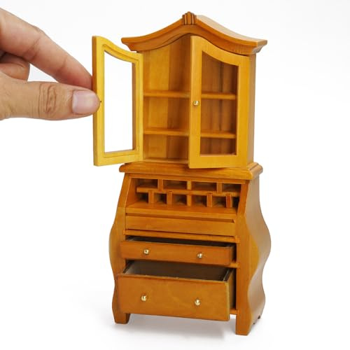 Odoria Puppenhaus Vitrine Bücherregal Miniatur: 1/12 Maßstab Kuriositätenkabinett Braun für Bibliothek Wohnzimmer Vintage - Mini Möbel Antik Holz für Küche