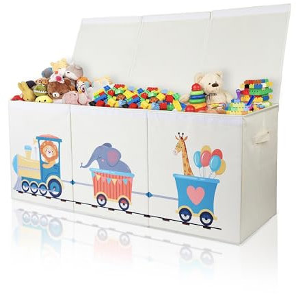 Rossoff Extra Large Collapsible Sturdy Toy Storage Organizer with Lids, Animal Train Toy Box for Boys Girls, 40x16x16, Modern, Beige