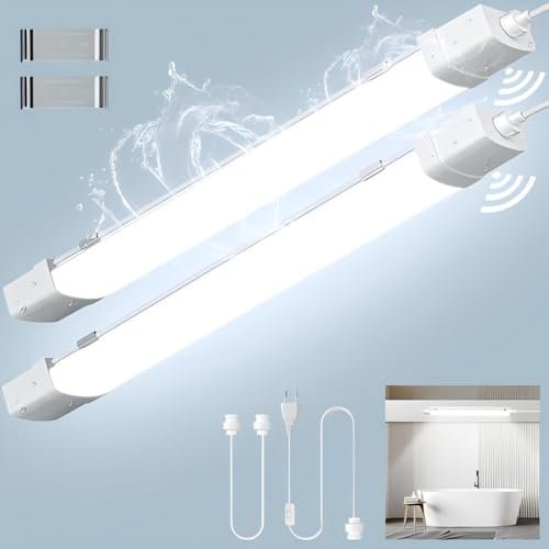 Viugreum 2er Feuchtraumleuchte Led mit Bewegungsmelder 120CM,40W 6500K Led Röhre, Verknüpfbar Led Feuchtraumleuchte, Wasserfest IP66 Werkstattlampe LED Wannenleuchte für Garage Büro, 4000LM kaltweiß