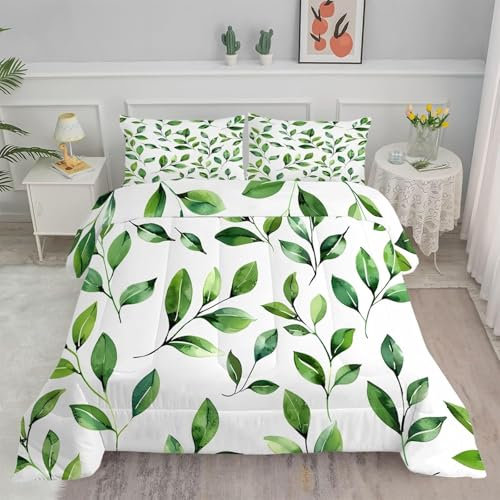 Bettdecke 200x220 Ohne Bezug Nutzbar, Blattblüten Bettdecken Waschbar Ganzjahresdecke Grüne Pflanzen 4 Jahreszeiten Steppdecke, Bettzeug Microfaser mit 2 Kissenbezug für Sommer Winter Doppelbett