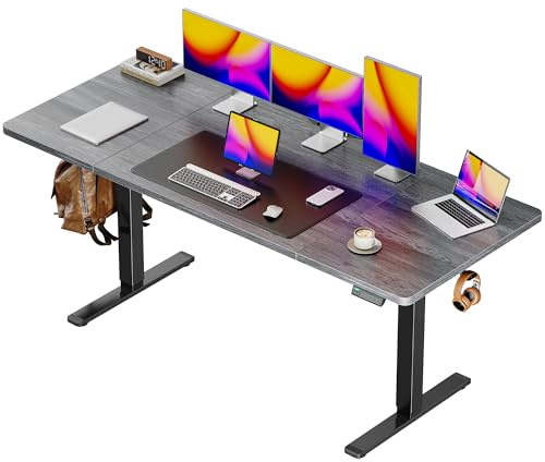 Huuger 63 x 28 Large Electric Standing Desk, Height Adjustable Computer Desk, 27.6 Deep Desktop, Stand up Gaming Office Table with 2 Hooks, 3 Preset Heights, for Home Office, Grey