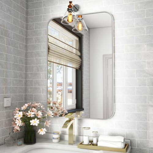 Koonmi Badspiegel mit runden Ecken 51 x 71 cm, Alurahmen, Silber | Moderner Wandspiegel, horizontal oder vertikal montierbar für Badezimmer, Schlafzimmer, Wohnzimmer und Flur