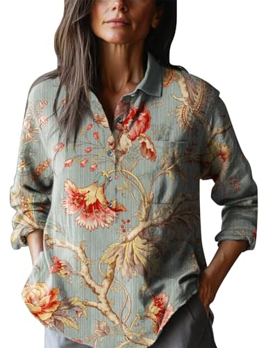 Chemises de Noël pour femmes 2025 tendance chemisier rétro imprimé floral décontracté à manches longues confortable en coton doux pour femme, bleu, L