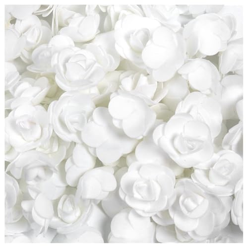 Hrlace 100 Stück Künstliche Blumen Schaumrosen Rosenköpfe Kunstrosen Foamrosen Blumenköpfe Klein Künstliche Blumen zum Basteln Brautstrauß für DIY Hochzeit Party Hause Valentinstag Deko Weiß