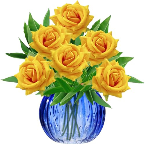 astylishome Fiori finti gialli artificiali – 6 fasci di rose finte da esterno resistenti ai raggi UV per giardino 4906