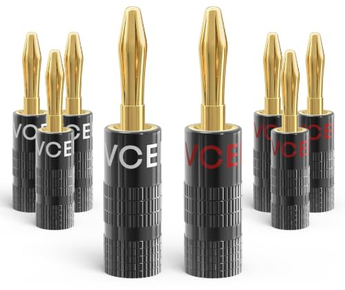 VCELINK Bananenstecker Lautsprecher，0,75–4 mm² Kabel, 4 Paare/8 Stück | 24K vergoldet, Banana-Steckverbinder High End für Lautsprecherkabel, Verstärker, HiFi-Boxen, AV Receiver, schraubbar