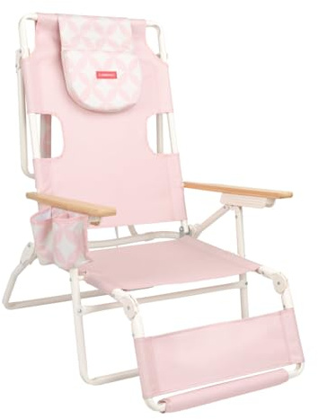 Flamingueo Strandstuhl, Gepolsterte Kopf- und Armlöcher, 5-Fach liegend, Fußstütze und Armlehnen Komfort, Tragegriffe Rucksack Einfacher Transport, 83,2 x 66,7 x 97 cm