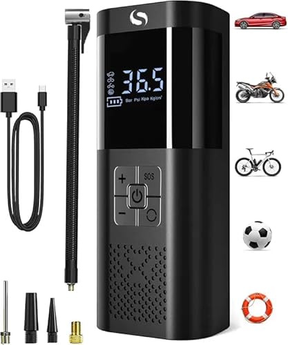 SERVOMASTER Tyre Inflator Air Compressor, Rechargeable Air Compressor | Electric Bike Pump with Battery, 150PSI and Pressure Gauge, Portable Car Tyre Pump with LED for Car, Bicycle, Motorbike, Ball