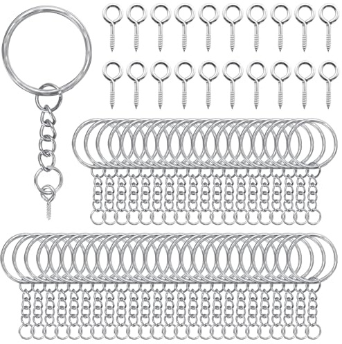 AiQInu 100 Pièces 25mm Anneaux Porte Clé avec Chaîne et Boulon à œil, Porte Clé avec Split Porte Clef, Porte Clef pour Bricolage, Loisirs - Argent