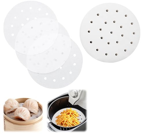 200 Pieces Disposable Bamboo Steamer Liner with Holes，Steamer Paper ，Steaming Basket Liners for Air Fryer Steaming Basket，Round (White - 6 inches)