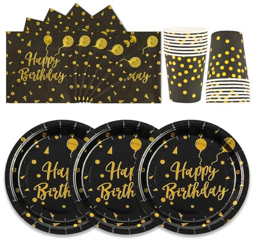 Anniversaire Vaisselle de fete 72 Pièces Noir Or Assiettes en Carton Anniversaire Set Comprendre Assiette Jetables Papier Tasses Serviettesr pour Décoration Fête de Mariage Baby Shower,24 Invités