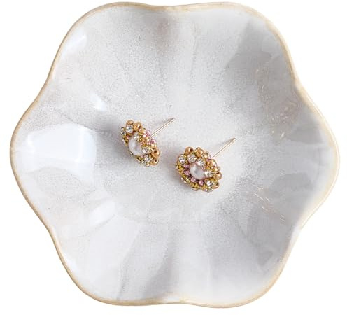 GORGECRAFT Vassoio Portagioie in Ceramica A Forma di Fiore Decorativo Piccolo Portachiavi Porta Collane e Orecchini per Ingresso Tavolo Stanza Arredamento per La Casa Lino 10.8 x 3cm