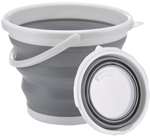 Collapsible Bucket 10L, Silicone Folding Bucket Portable Cleaning Buckets with Handle for Home Outdoor Camping Beach Car Washing Fishing Gardening Cleaning Floors, Grey-White Buckets