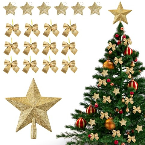 19 Stück Weihnachtsbaumspitze Stern Gold, Schleifen Weihnachtsbaum Deko, Christbaumspitze, Glitzer Weihnachtsschleifen, Klein Stern Bruchsicher, Gold Weihnachtsbaumschmuck