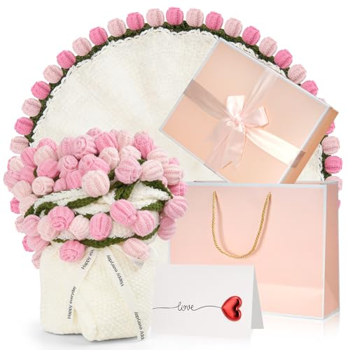 LFZHAN 47 Handmade Crochet Flower Blanket with Gift Box & Card, Floral Bouquet Throw for Mom, Wife, Girlfriend, Valentine's Day, Birthday Idea (Pink)