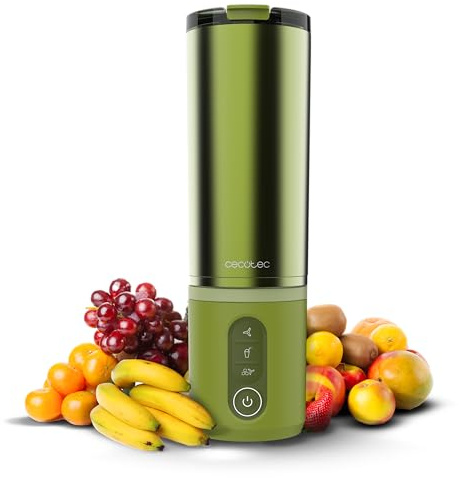 Cecotec Batidora de Vaso Portátil 11,1V Power Titanium Shake2Go Olive Steel | 180W, Vaso Metal 600ml Libre BPA, Tapa Hermética, 3 Programas Automáticos, Carga Rápida USB-C, Bebidas Frías por Más Tiempo