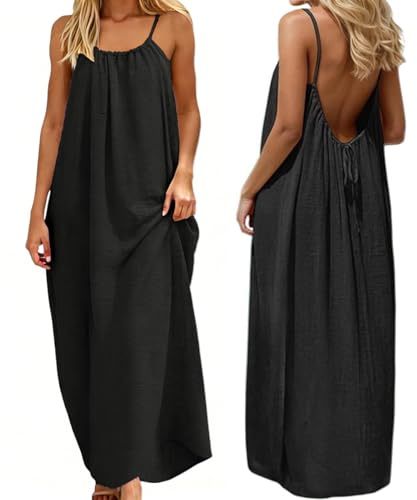 ABINGOO Vestito Estivo Donna Lungo Abito Casual Tinta Unita Senza Maniche Loose Maxi Abiti Senza Schienale con Cordino(Nero,XL)