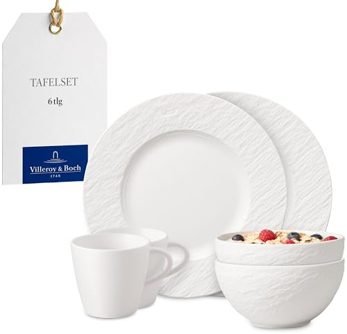 Villeroy & Boch Manufacture Rock blanc Service de petit-déjeuner 12 pièces pour 4 personnes blanc, passe au lave-vaisselle, au micro-ondes, set de vaisselle avec assiettes à petit-déjeuner, tasses et
