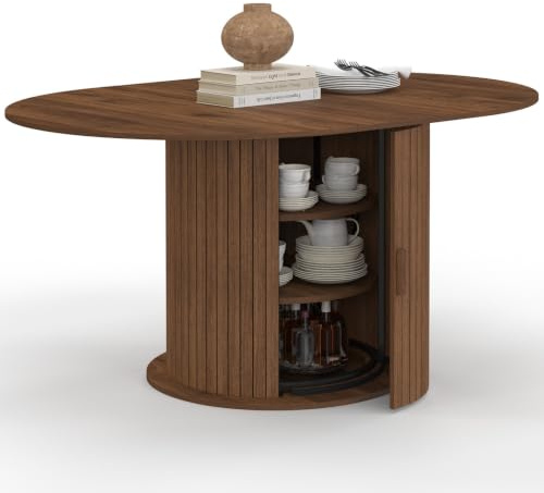IDMarket - Table à Manger Extensible Ronde Juliette 4-8 Personnes Pied Lattes avec Rangement Coloris Noyer 110-150 cm