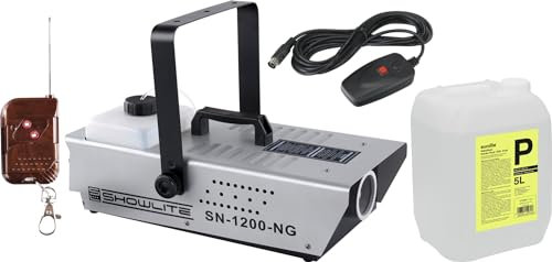 Showlite SN-1200 Nebelmaschine Set (1200 Watt, 350m³ Nebelausstoß/min, 7 Min. Aufwärmzeit, Kabel- und Funkfernbedienung, 5 L Nebelfluid)