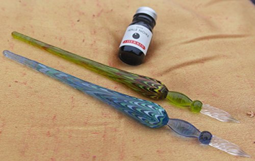 Verde y azul J Herbin lisas vidrio DIP bolígrafos con 10 ml botella de Perle Noire cartucho de