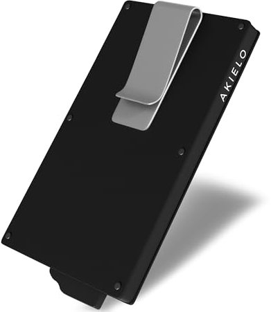 AKIELO Kartenetui mit RFID Schutz, Geldklammer und Geschenkbox – Minimalistische Geldbörse Herren – Kompakte Wallet und Kontaktloser Kreditkartenschutz (Alpha - Schwarze Ausgabe mit Geldklammer)