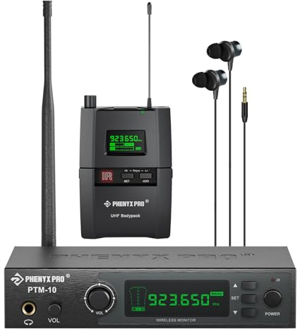 Phenyx Pro UHF Stereo Wireless in Ear Audio Monitor System, Selectable Frequency 900MHz Band, Rack Mountable, 160 ft. Operation, Ideal for Stage, Studio, Exhibit, Lecture, Speech (PTM-10)
