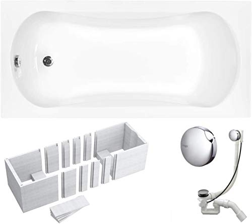 VBChome Badewanne 170x70 cm Acryl SET Wannenträger Siphon Wanne Rechteck Weiß Design Modern Styroporträger Ablaufgarnitur in Chrom Viega Simplex (170x70 cm)