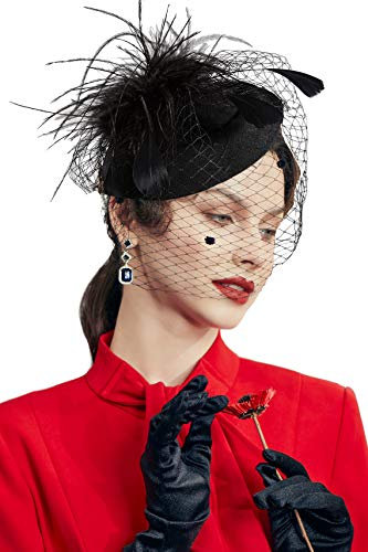 Coucoland Fascinators 1920 Fascinator Hut Damen Feder Blumen Mesh Elegant Hochzeit Fascinator Haarreif Cocktail Tee Party Accessoires (Schwarz)
