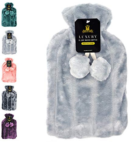 Hot Water Bottle with Cover Fluffy Super Soft Faux Fur Large 2 Litre (Silver)