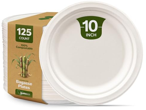 Comfy Package 10 Inch Heavy Duty Disposable Plates [125 Pack] 100% Compostable Eco-Friendly Biodegradable Sugarcane Bagasse Paper Plates for Parties, BBQs, Weddings & Everyday Dining