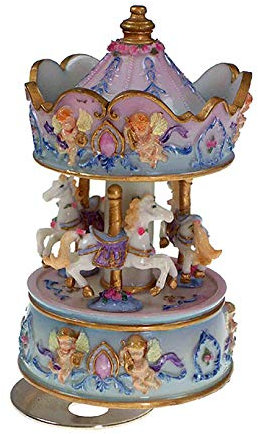 Animiertes Miniatur-Musikkarussell aus Kunstharz mit Spieluhr/Spieldose/Musikbox, 3 Pferden und 18-Ton-Federspielwerk - Die Lorelei (F. Silcher)