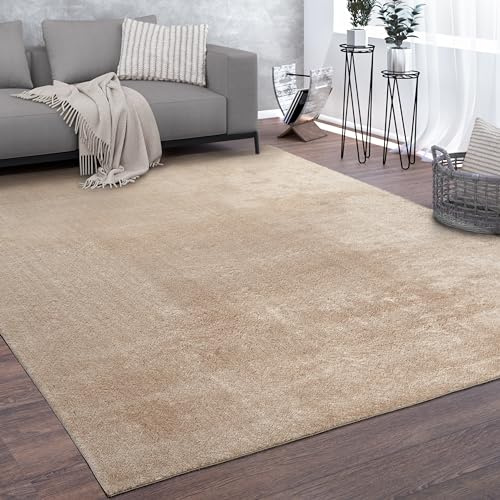 Paco Home Teppich Wohnzimmer Kurzflor Weich rutschfest Modern Einfarbiges Muster Beige, Grösse:160x220 cm