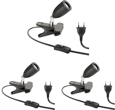 ledscom.de 3x Klemmleuchte LIK, Schalter, schwarz matt, 1x E27 max. 60W