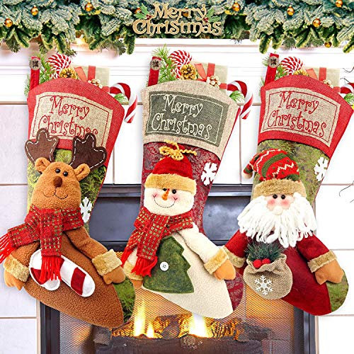 COOLWUFAN Christmas Stockings, 3 Pack 18 Personalized Xmas Stockings with 3D Snowflake Santa, Snowman, Reindeer for Family Holiday Christmas Party Decorations