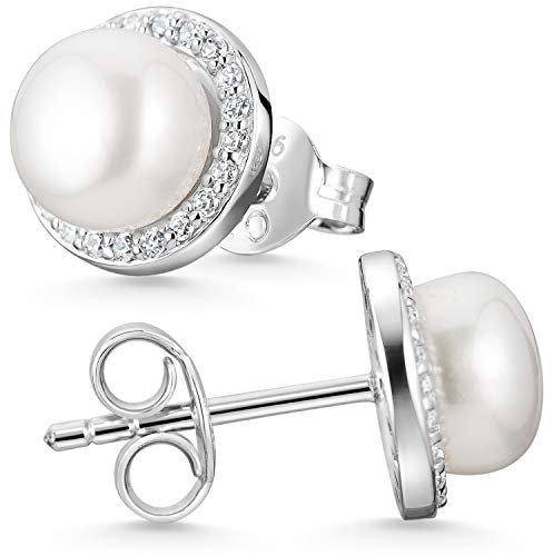 MATERIA Perlenohrringe Stecker Silber 925 - runde Ohrstecker Perle weiß Braut Schmuck mit Zirkonia SO-444