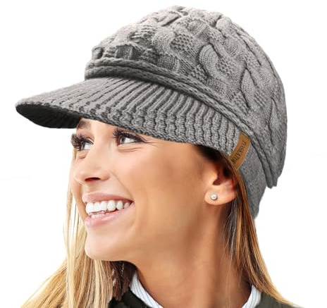 TOSKATOK damer toppad kabel stickad varm R80 teddy fleece fodrad mössa vinter hatt keps, Grå, one size