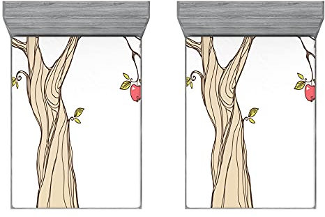 ABAKUHAUS Karikatur 2er-Satz Spannbetttuch, Apfelbaum mit Blättern Kunst, Soft Dekorativer Stoff Bettwäsche Rund-um Elastischer Gummizug, 140 cm x 200 cm, Beige Grün Coral