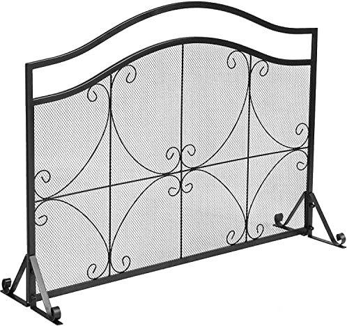 TANGZON Fireplace Screen, Large Metal Mesh Spark Guard with Stand, Freestanding Wrought Iron Fire Place Panels for Indoor Outdoor Firing Stoves & Grills (Triangular Base, Black, 112 x 33 x 83cm)