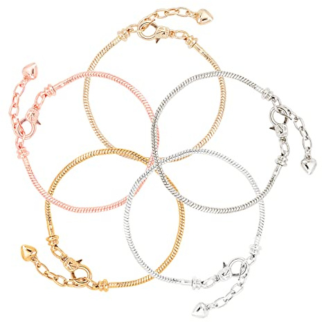 SUNNYCLUE 6 Stück 2 Stile 18 cm europäische Schlangenkette Charm-Armband Silber mit klassischem Perlenfass-Herzverschluss für Schmuckherstellung Zubehör ..